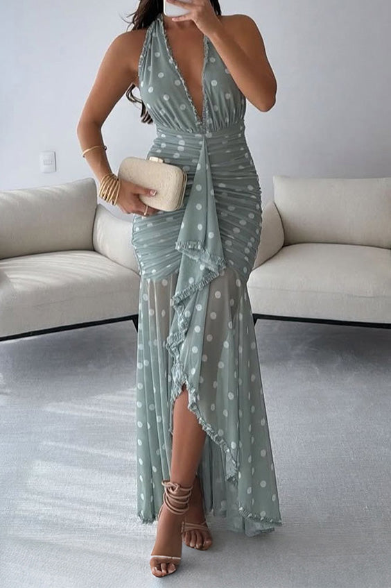 Plunging Halter Ruched Ruffle Maxi Dress Lavish Daily