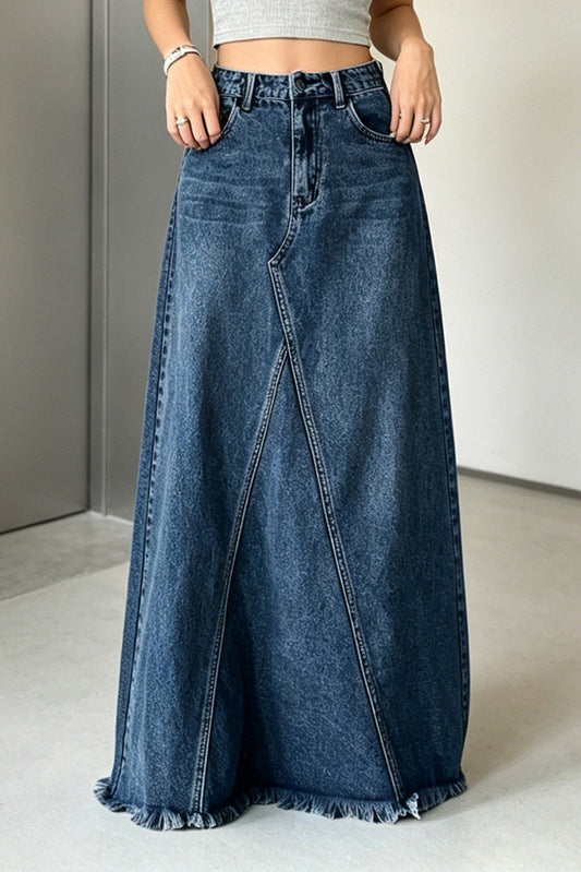 Raw-Hem Godet Denim Maxi Skirt Lavish Daily