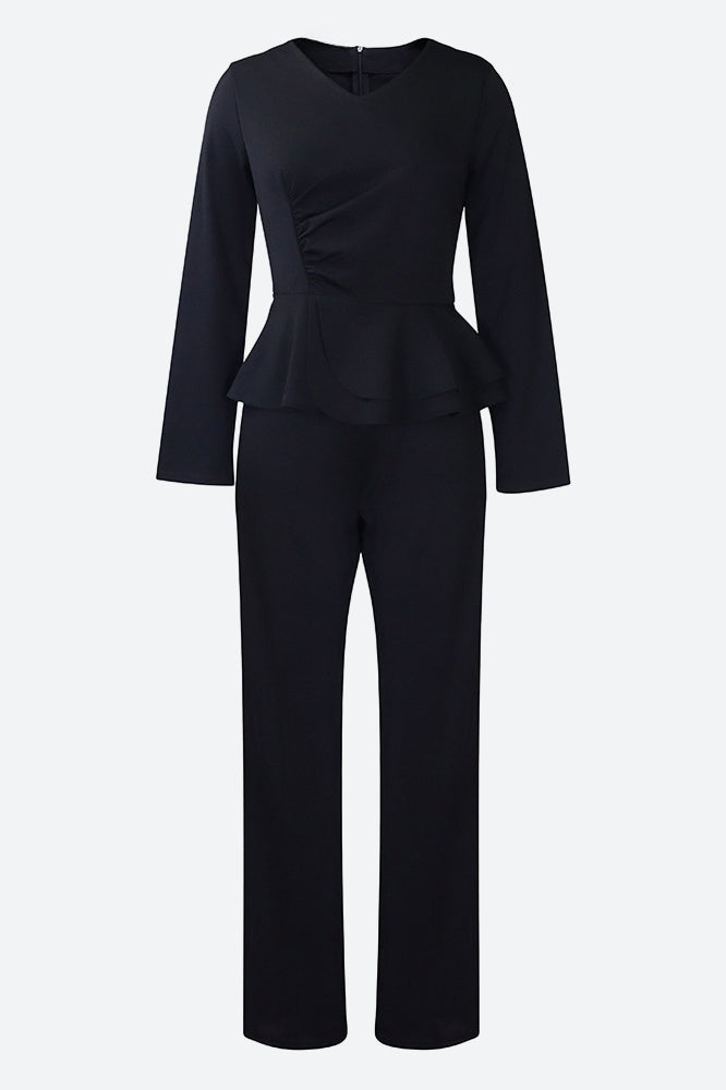 Solid Flounce V Neck Long Sleeve Sets Lavish Daily