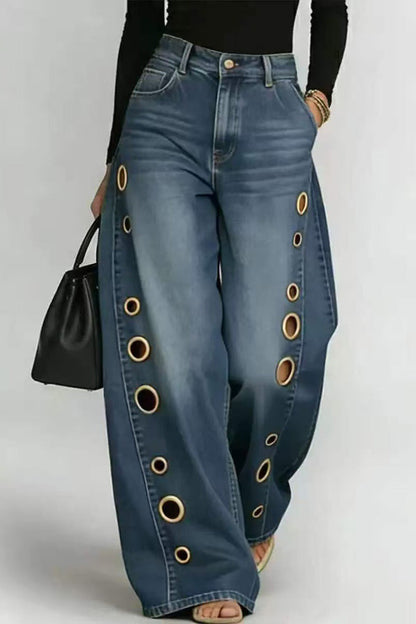 Statement Grommet Wide Leg Jeans Lavish Daily