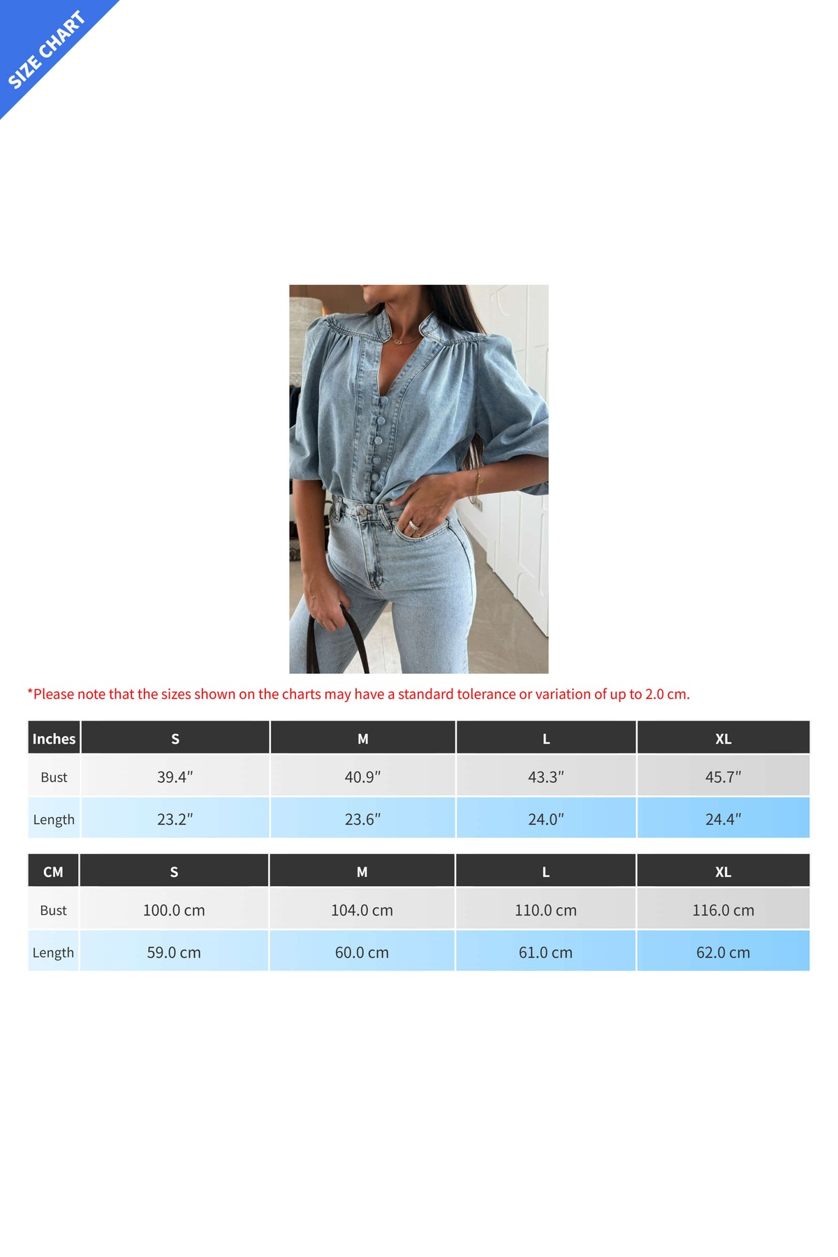 Vintage Lantern Sleeve V-Neck Denim Shirt Lavish Daily