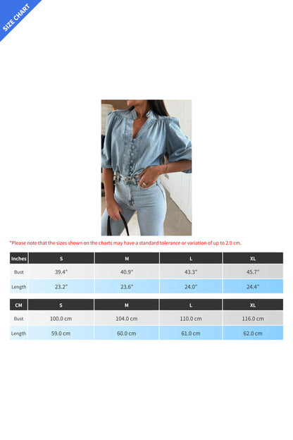 Vintage Lantern Sleeve V-Neck Denim Shirt Lavish Daily