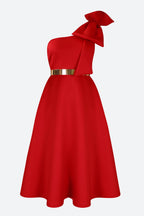 Single Shoulder Bow Detail Flare Midi Dress Lavish Daily