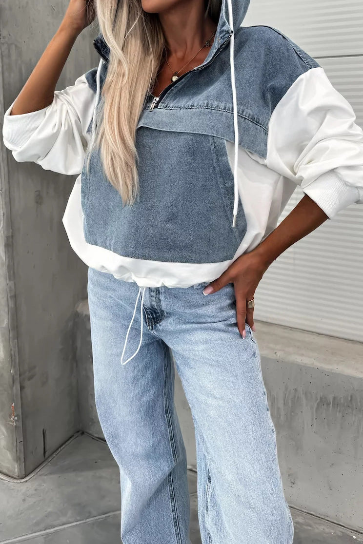 Loose Wash Denim Patchwork Hoodie Lavish Daily