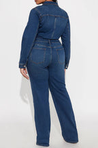 Stretch Flare Long Sleeve Denim Jumpsuit Lavish Daily