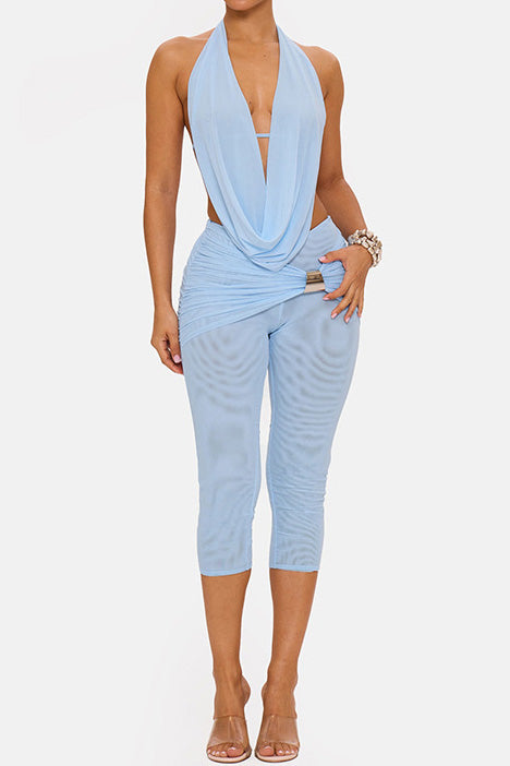 Draped Halter & Sheer Mesh Capri Set Lavish Daily