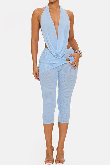 Draped Halter & Sheer Mesh Capri Set Lavish Daily