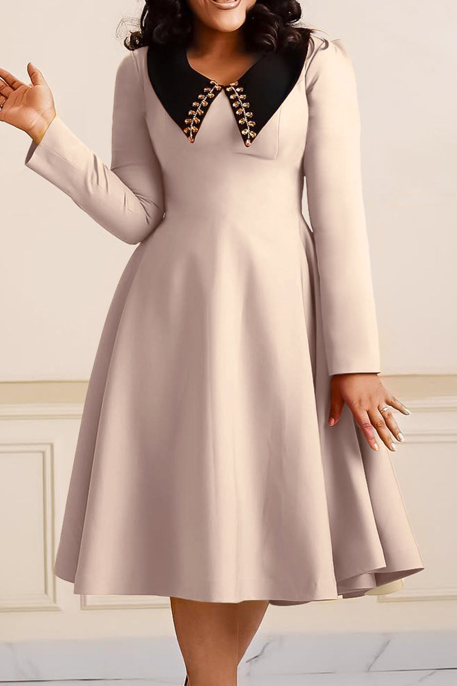 Solid Color Long Sleeve Lapel Elegant Dress Lavish Daily