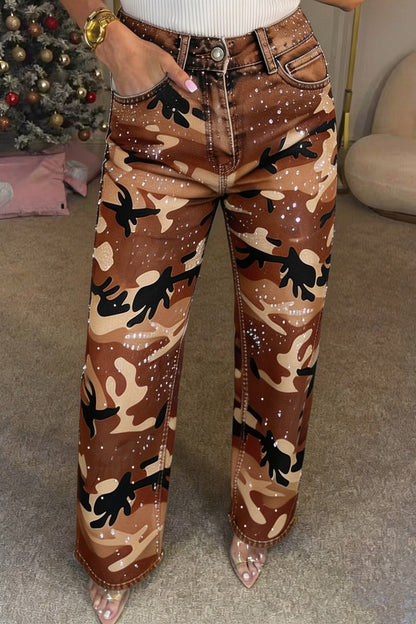 Rhinestone Camo Straight Leg Jeans Lavish Daily