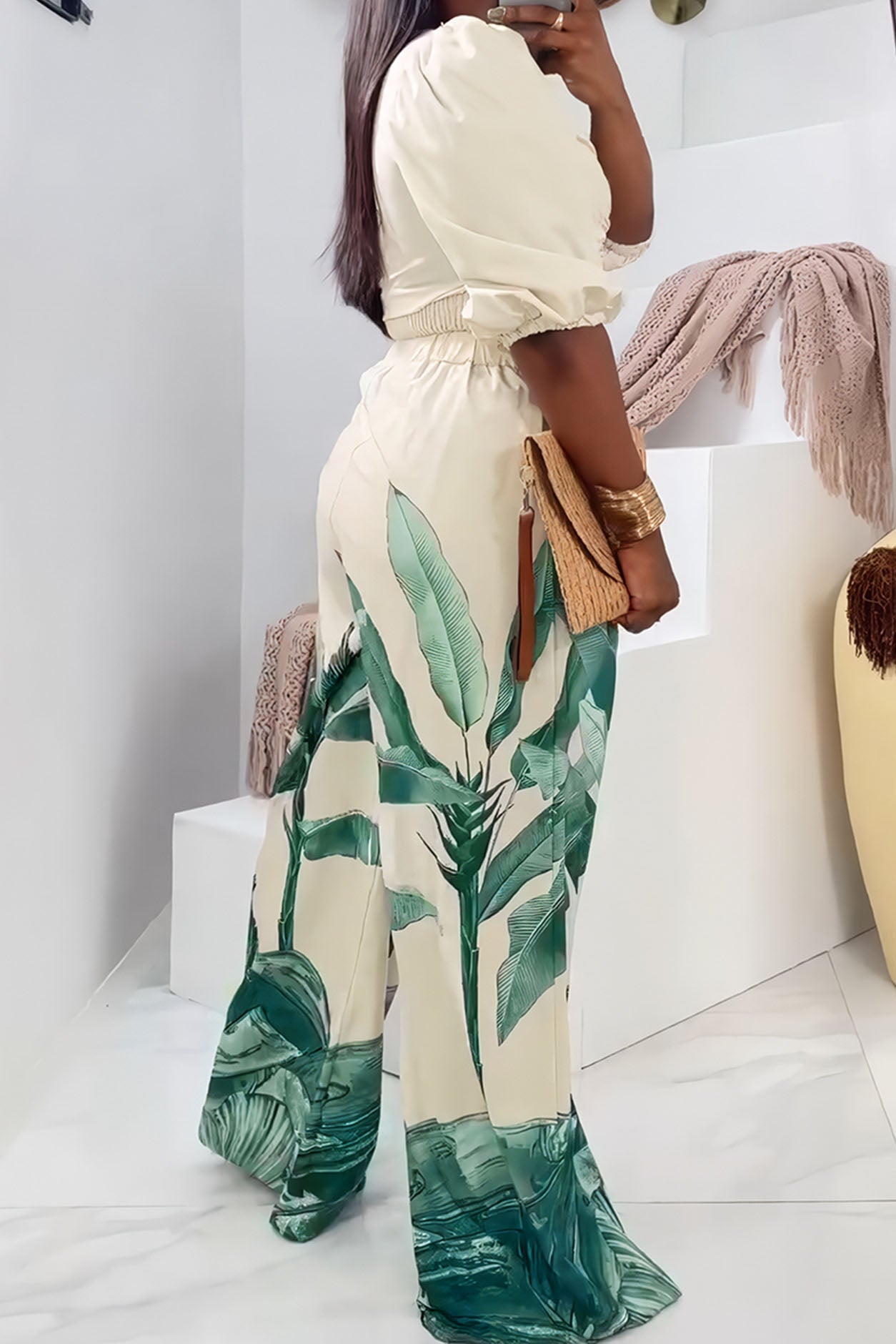 Printed V-Neck Wide-Leg Pants Set Lavish Daily