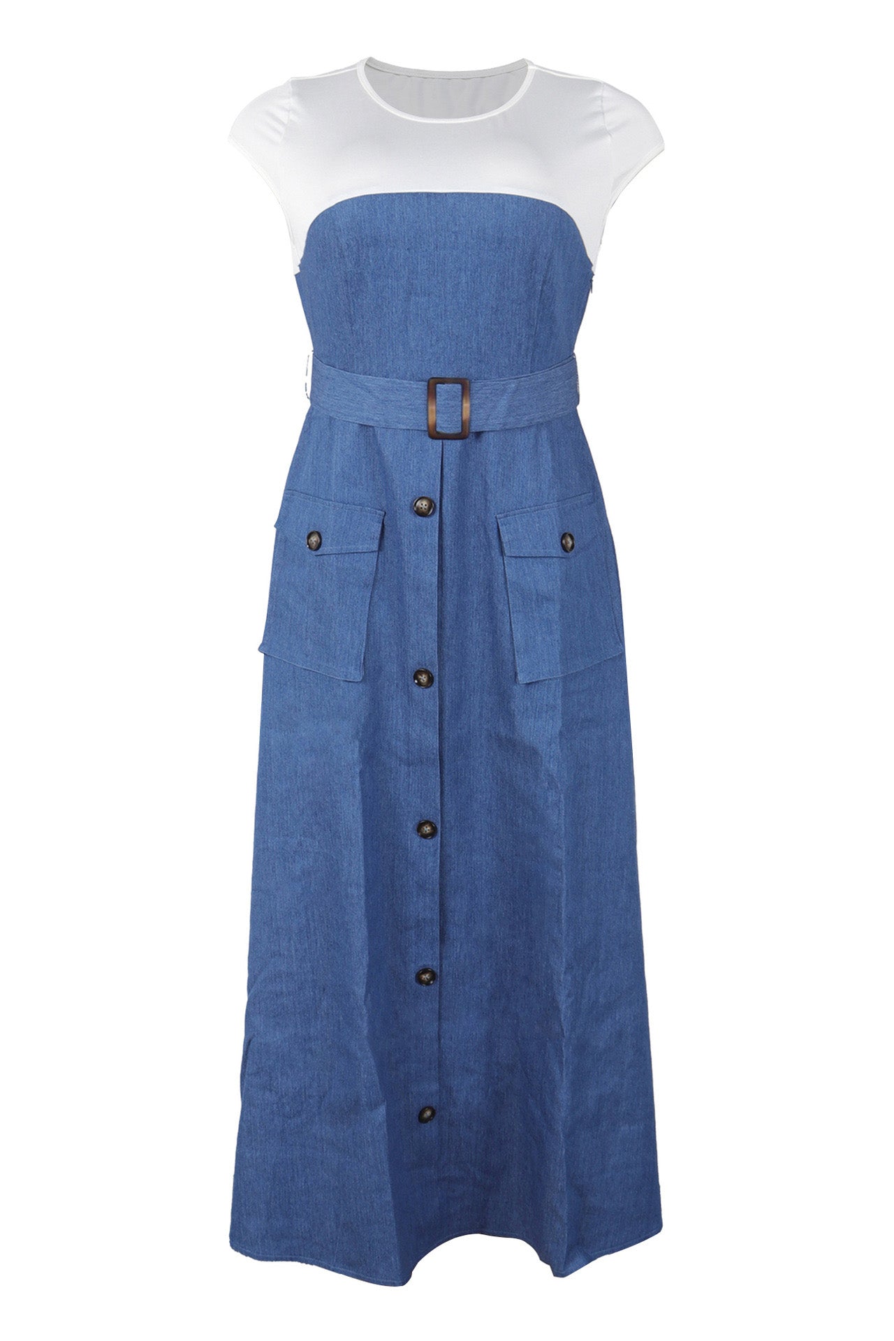 Elegant Denim Patchwork Pocket A-Line Dress Lavish Daily