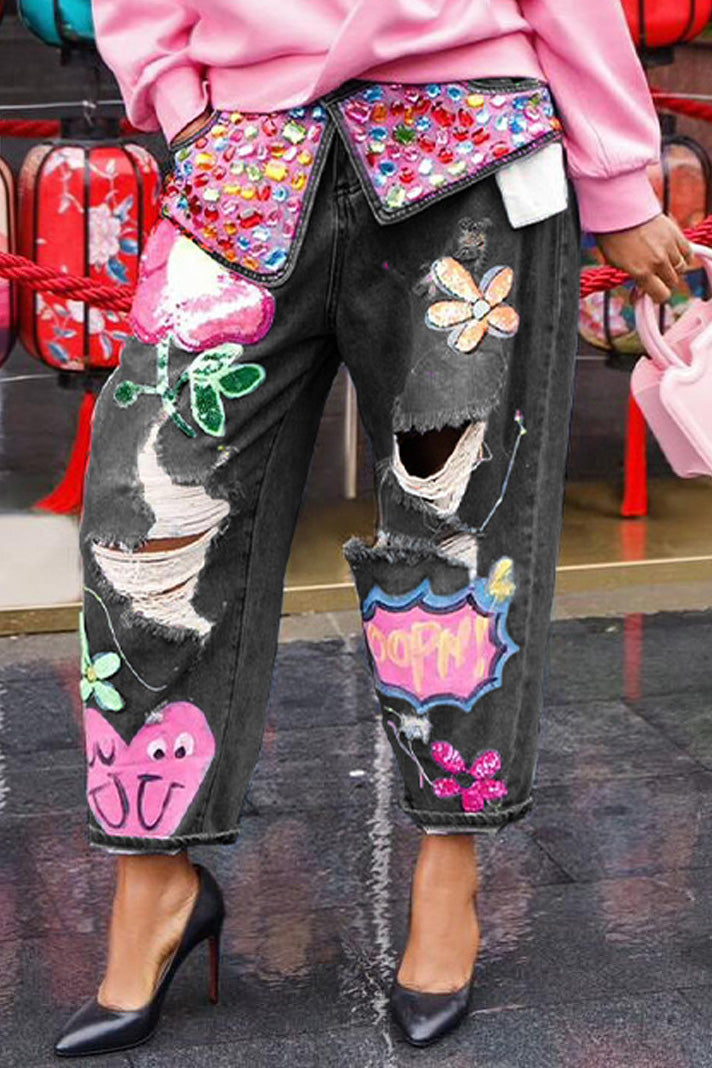 Embroidered Rhinestone Ripped Jeans Lavish Daily