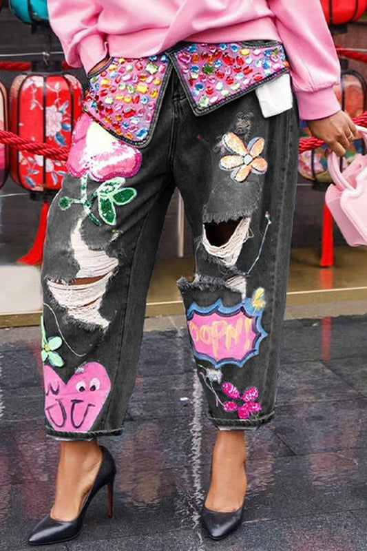 Embroidered Rhinestone Ripped Jeans Lavish Daily