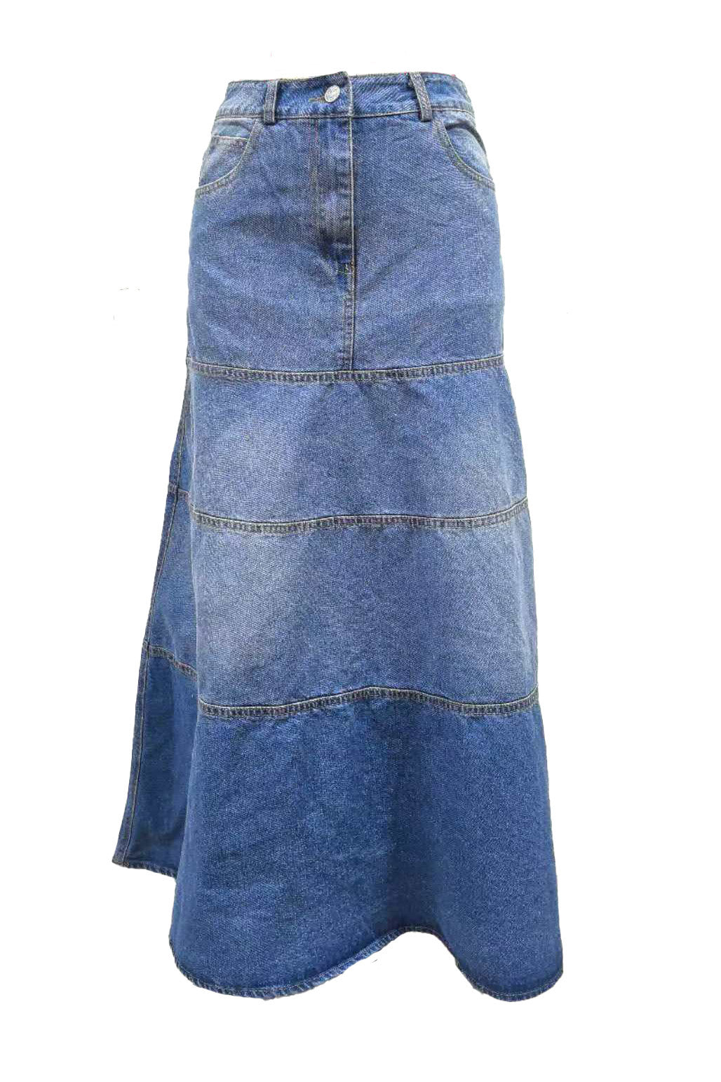 Tiered A-Line Denim Midi Skirt Lavish Daily