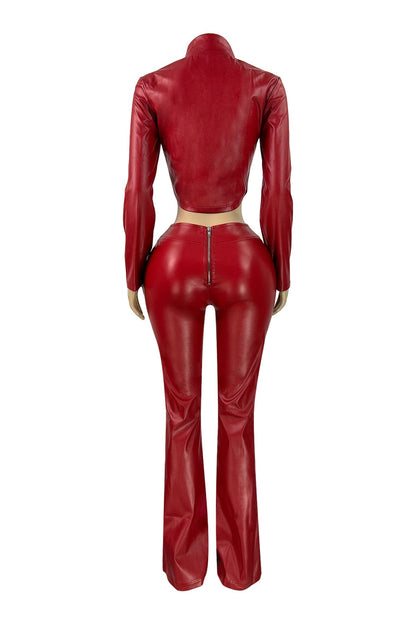 Faux Leather Zip Jacket & Flare Pants Set Lavish Daily