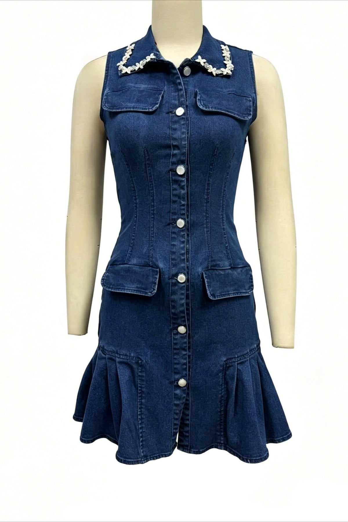 Embellished Collar Ruffle Denim Mini Dress Lavish Daily