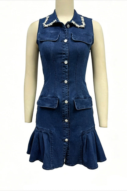 Embellished Collar Ruffle Denim Mini Dress Lavish Daily