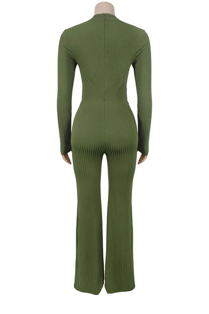 Ribbed Cutout Long-Sleeve Flared Jumpsuit Lavish Daily