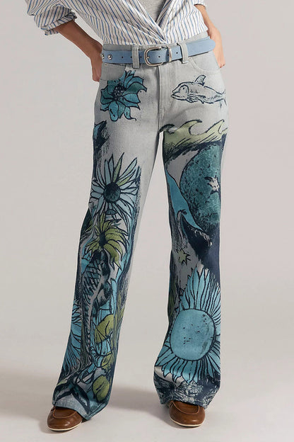 High-Waisted Statement Print Wide Leg Jeans Lavish Daily