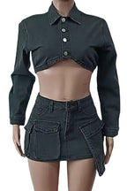 Black Denim Jacket And Skirt Set Lavish Daily