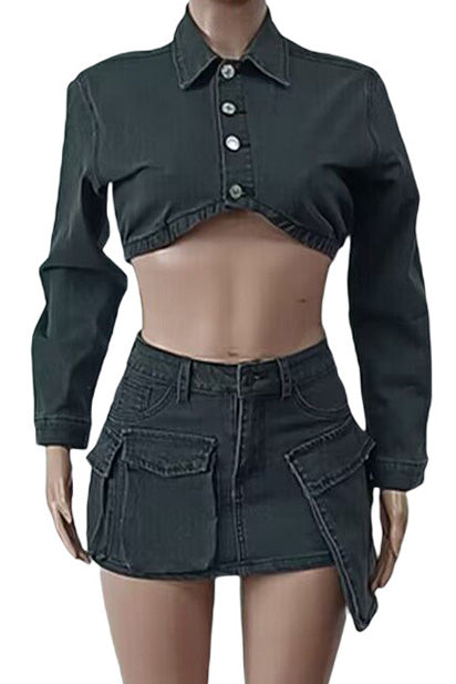 Black Denim Jacket And Skirt Set Lavish Daily