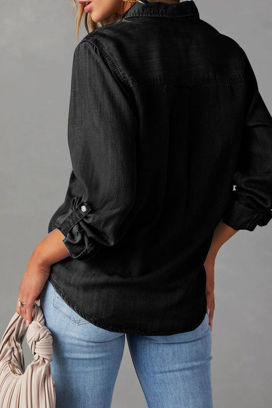 Classic Roll-Tab Sleeve Denim Button-Down Lavish Daily