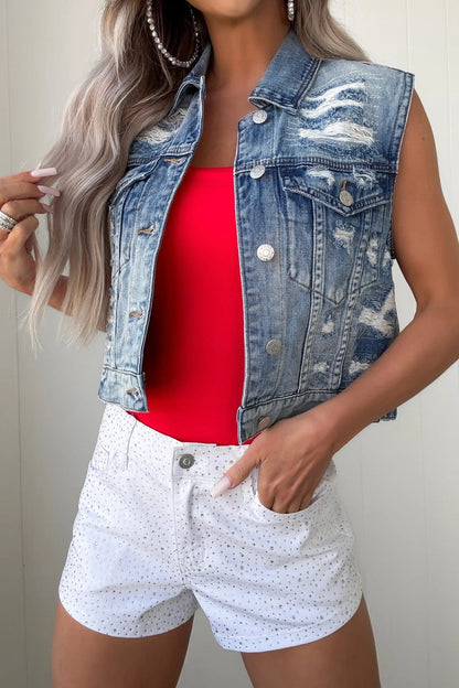 Distressed Denim Vest Lavish Daily