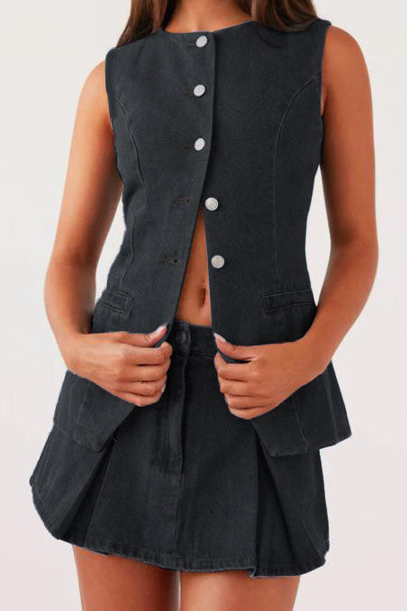 Denim Vest Skirt Sets Lavish Daily