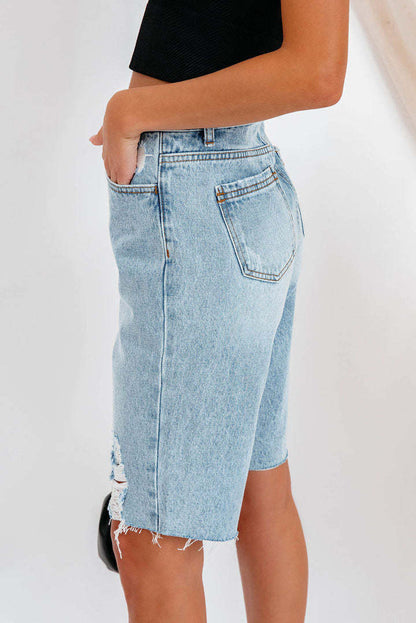 High-Waisted Distressed Denim Bermuda Shorts Lavish Daily