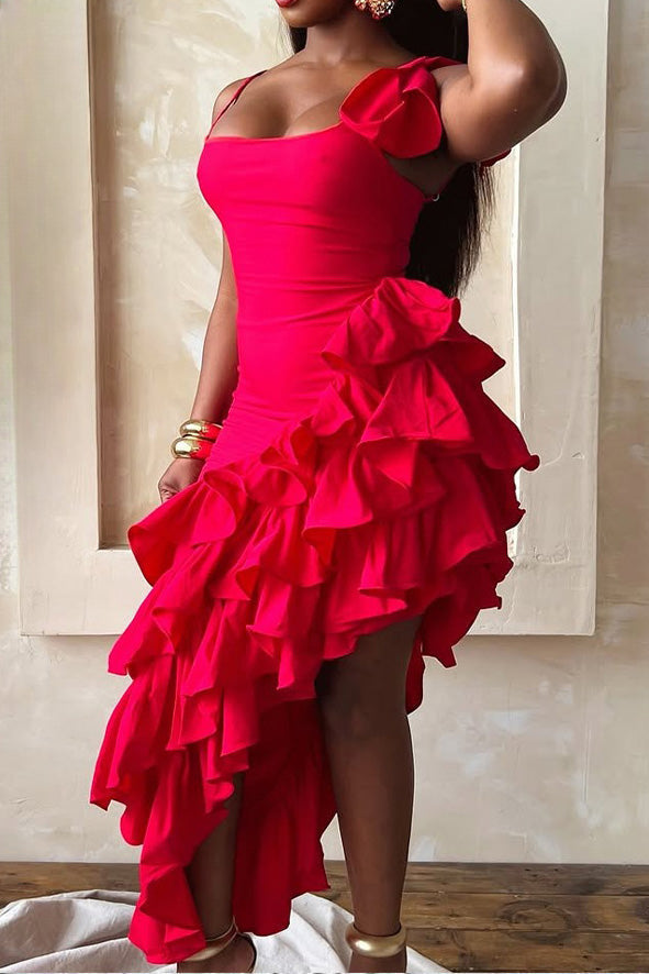 Solid Color Ruffle Hem Spaghetti Strap Dress Lavish Daily