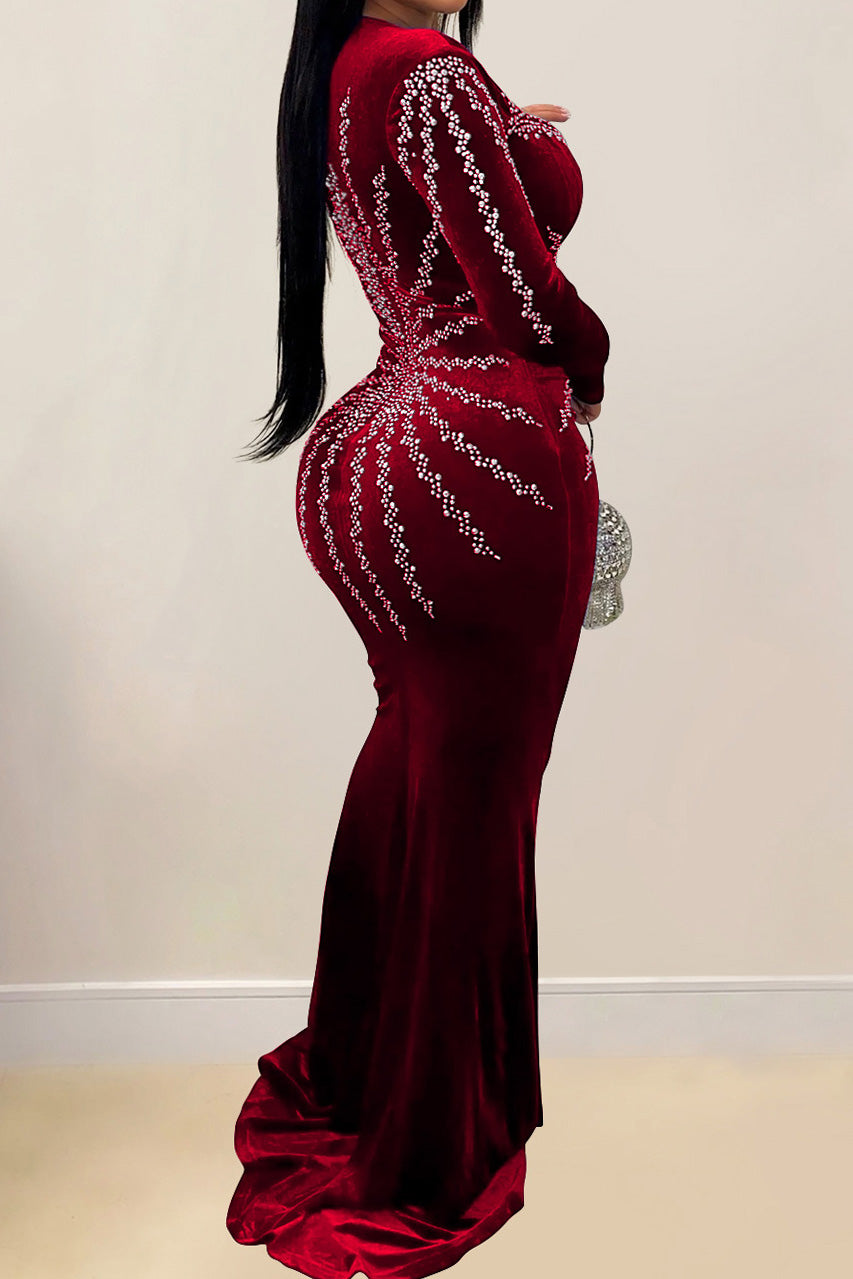 Rhinestone Plunge Illusion Velvet Maxi Dress Lavish Daily