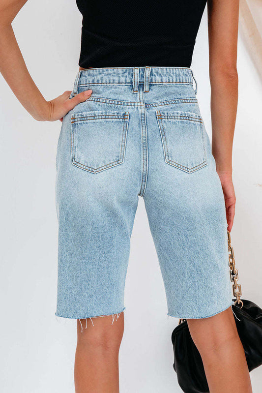 High-Waisted Distressed Denim Bermuda Shorts Lavish Daily