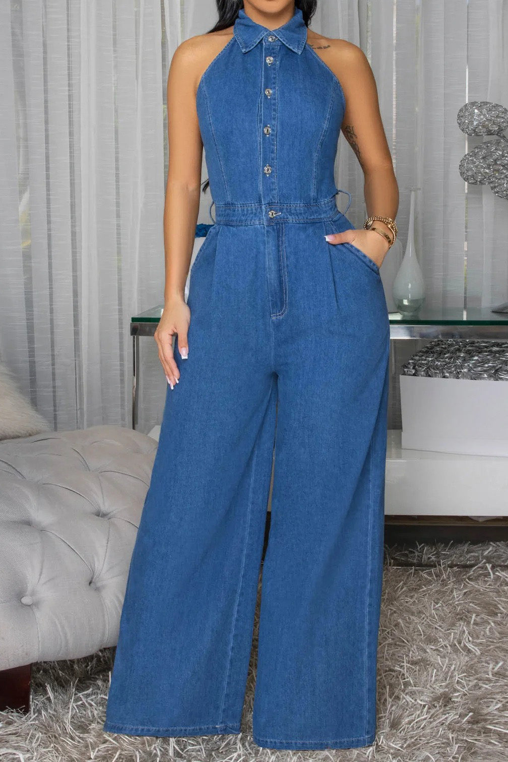 Halter Backless Jumpsuit Wide Leg Stretch Lavish Daily