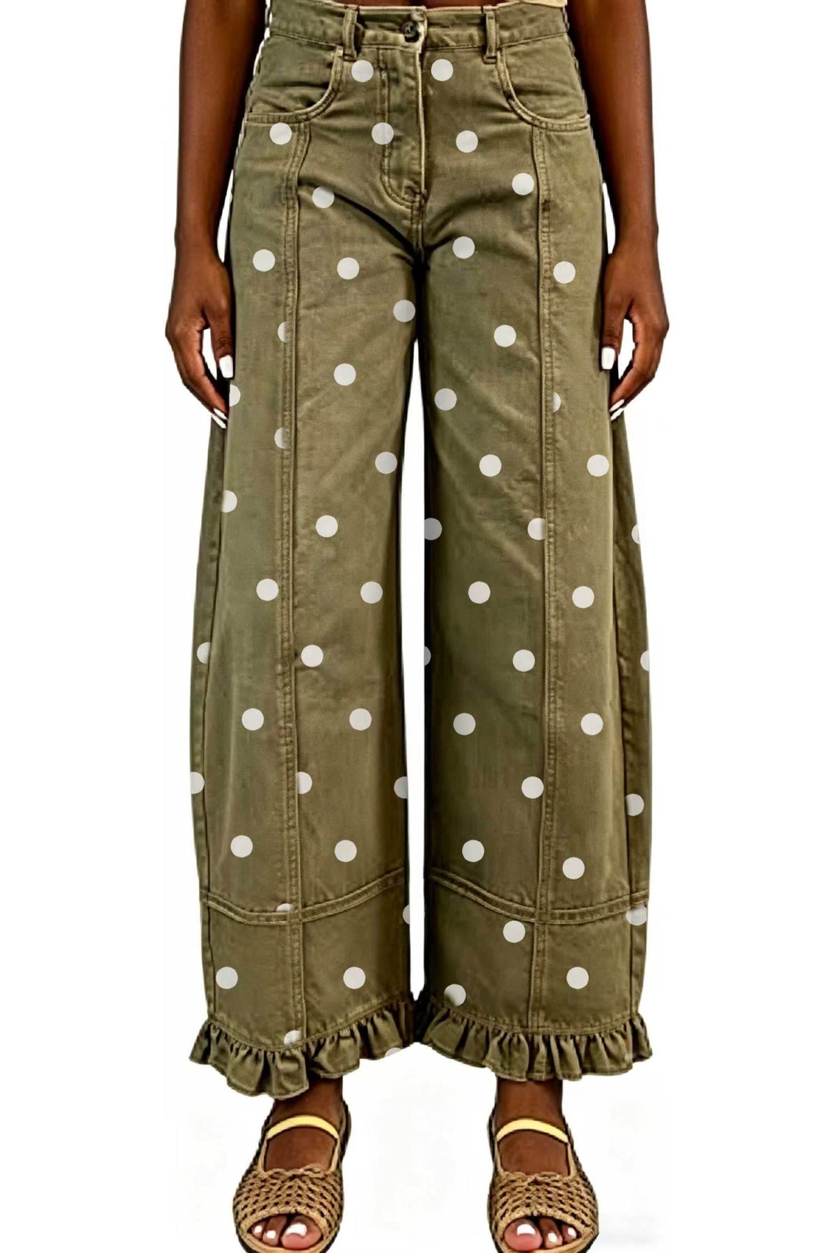 Polka Dot Wide Leg Jeans with Ruffle Hem Lavish Daily