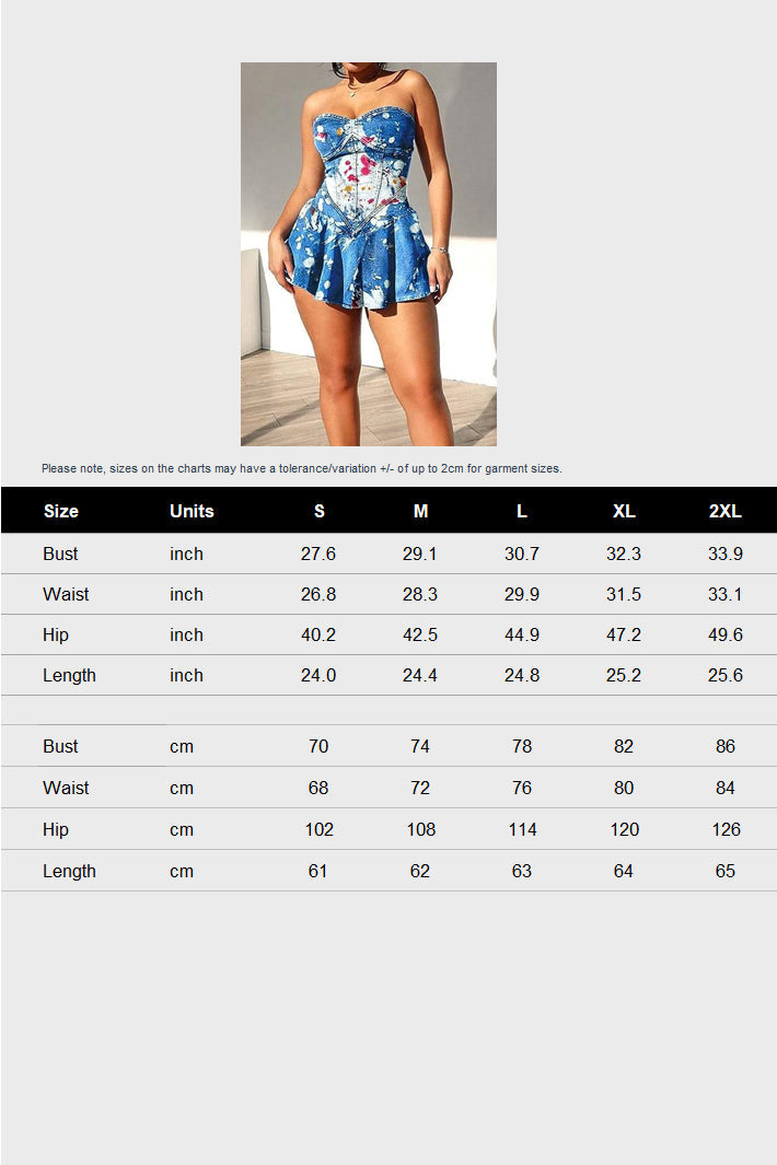 Strapless Print Ruffle Hem Short Denim Dress Lavish Daily