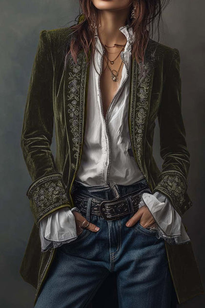 Velvet Embroidered Long Jacket LavishDaily