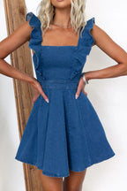 Ruffled Square Neck Denim Mini Dress Lavish Daily