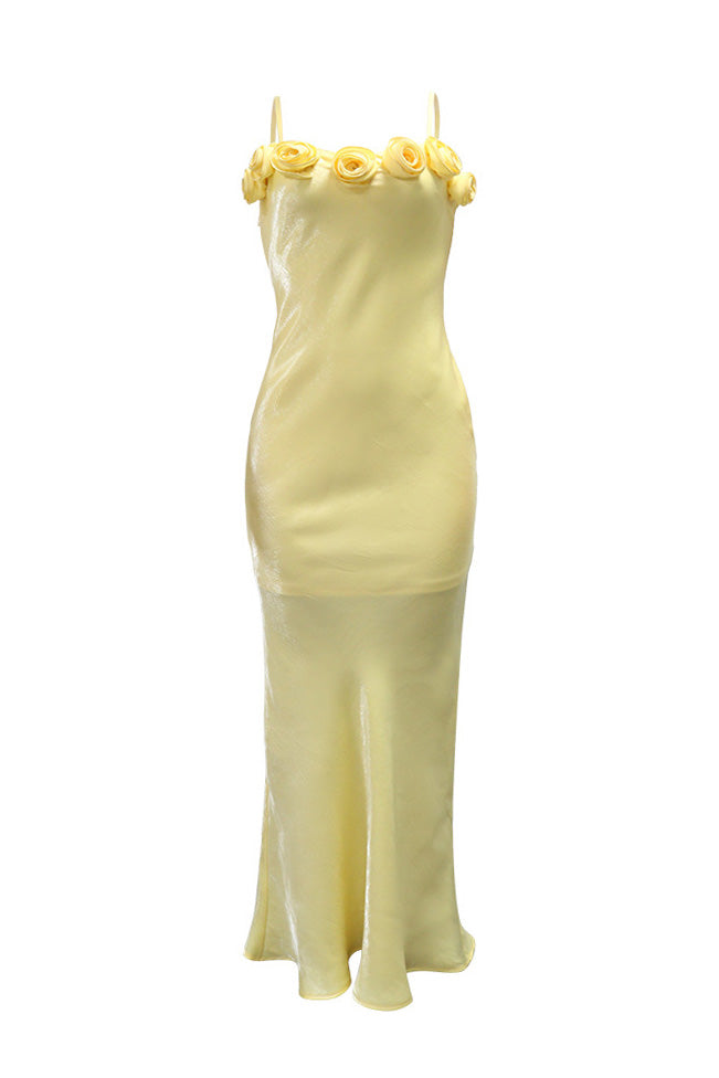 3D Floral Rosette Satin Maxi Dress Lavish Daily