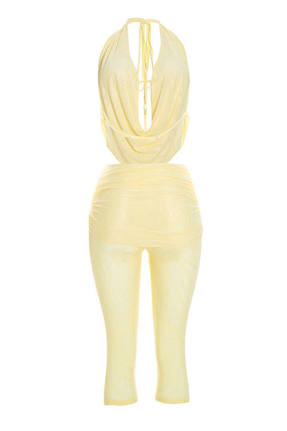 Draped Halter & Sheer Mesh Capri Set Lavish Daily