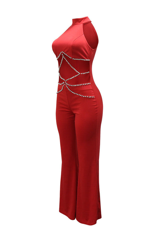Halter Rhinestone Chain Cutout Flared Jumpsuit Lavish Daily