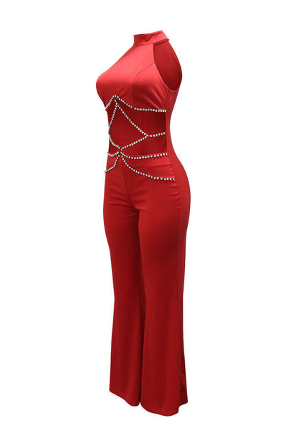 Halter Rhinestone Chain Cutout Flared Jumpsuit Lavish Daily
