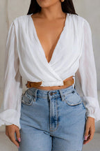 V-Neck Belted Long-Sleeve Shirt Lavish Daily
