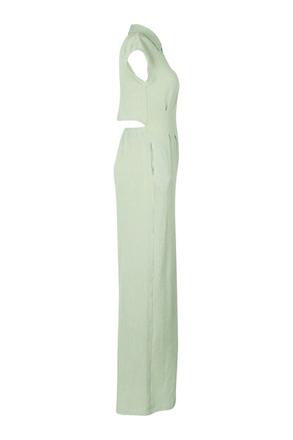 Striped Button-Up Sleeveless Jumpsuit Lavish Daily