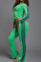 Zip Up Drawstring Stripe Flare Pants Set Lavish Daily