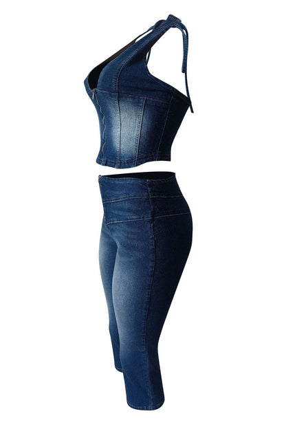 Off-Shoulder Tie Denim Shorts Set Lavish Daily