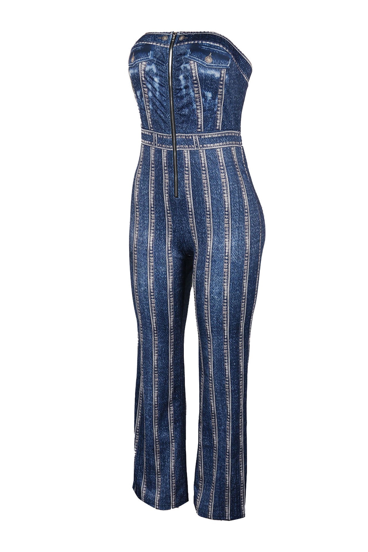 Denim Print Strapless Wide Leg Jumpsuit Lavish Daily