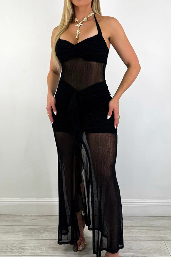 Mesh Sleeveless Tie Slit Dress Lavish Daily