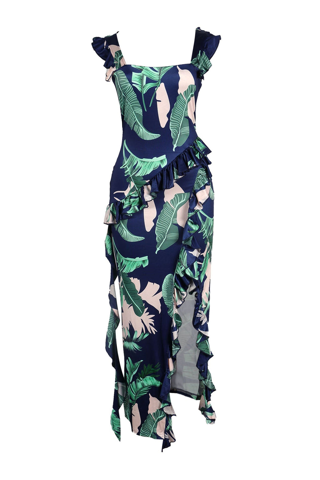Long Strapless Dress With Slits and Tropical Print Lavish Daily