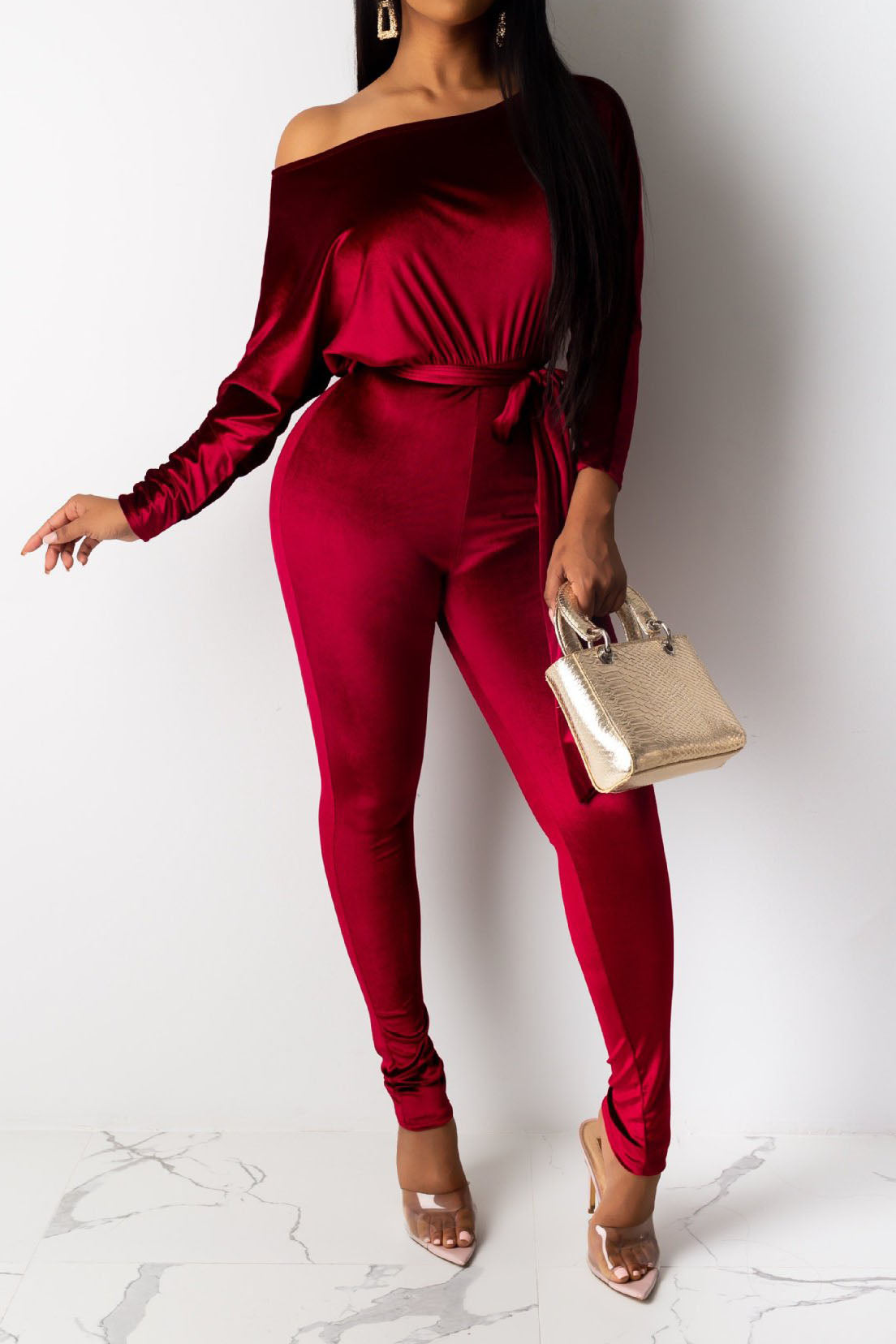 Velvet One Shoulder Jumpsuit Lavish Daily