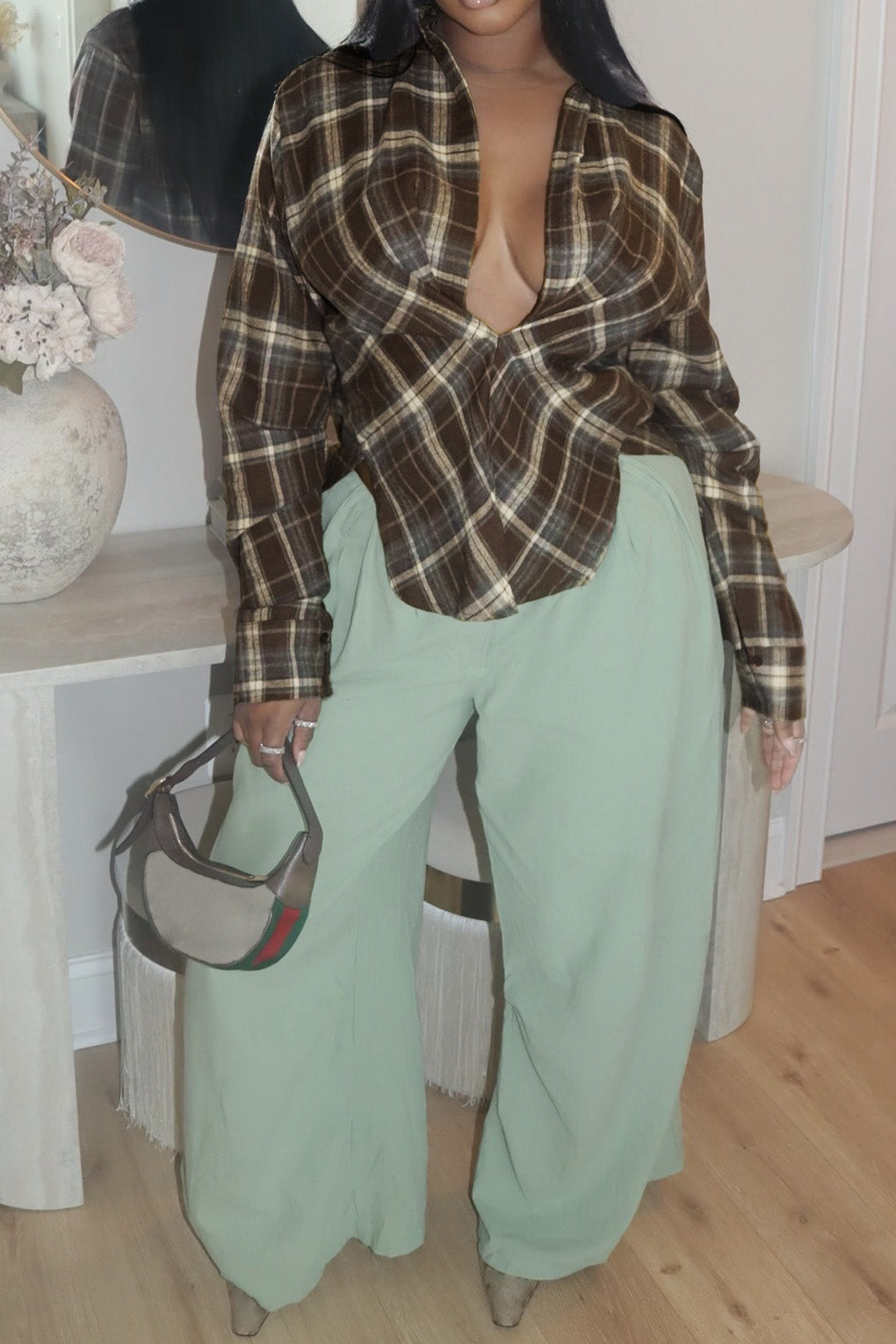 Plaid V-Neck Fold-Sleeve Split Hem Top Lavish Daily